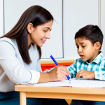 A kind female child counselor, in a modest professional blouse and trousers, sits at a low table with a young child. The child, fully clothed in appropriate, modest casual wear, is actively engaged in drawing on paper with crayons, expressing emotions through their art. The counselor is leaning in, listening with a gentle, empathetic expression, creating a safe and welcoming atmosphere in a brightly lit, modern consultation room with soft colors and age-appropriate toys visible in the background. The scene emphasizes active listening and therapeutic play. Perfect anatomy, correct proportions, natural pose, well-formed hands, proper finger count, natural body proportions, safe for work, appropriate content, fully clothed, professional, modest, family-friendly, high quality, professional photography.