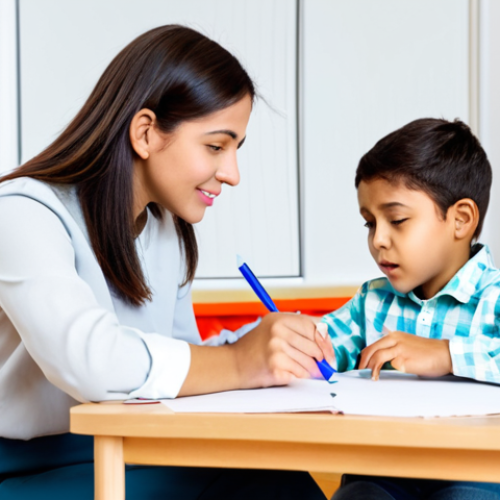 A kind female child counselor, in a modest professional blouse and trousers, sits at a low table with a young child. The child, fully clothed in appropriate, modest casual wear, is actively engaged in drawing on paper with crayons, expressing emotions through their art. The counselor is leaning in, listening with a gentle, empathetic expression, creating a safe and welcoming atmosphere in a brightly lit, modern consultation room with soft colors and age-appropriate toys visible in the background. The scene emphasizes active listening and therapeutic play. Perfect anatomy, correct proportions, natural pose, well-formed hands, proper finger count, natural body proportions, safe for work, appropriate content, fully clothed, professional, modest, family-friendly, high quality, professional photography.