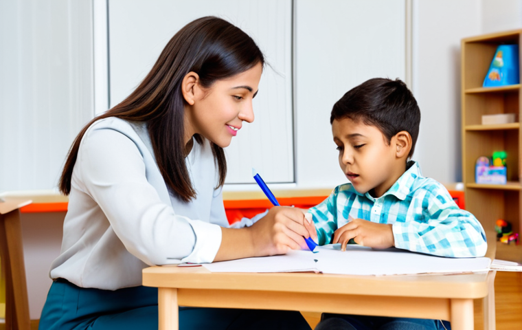 A kind female child counselor, in a modest professional blouse and trousers, sits at a low table with a young child. The child, fully clothed in appropriate, modest casual wear, is actively engaged in drawing on paper with crayons, expressing emotions through their art. The counselor is leaning in, listening with a gentle, empathetic expression, creating a safe and welcoming atmosphere in a brightly lit, modern consultation room with soft colors and age-appropriate toys visible in the background. The scene emphasizes active listening and therapeutic play. Perfect anatomy, correct proportions, natural pose, well-formed hands, proper finger count, natural body proportions, safe for work, appropriate content, fully clothed, professional, modest, family-friendly, high quality, professional photography.