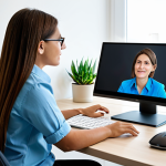 A professional female child psychologist, fully clothed in modest business casual attire, is seated at a minimalist desk in a modern, light-filled home office. She is attentively engaged in a teleconsultation, looking at a large monitor which displays an abstract, professional video call interface. The background includes subtle elements like a small plant and a bookshelf. This image emphasizes professional telepsychology, with clean lines, bright lighting, high resolution, perfect anatomy, correct proportions, natural pose, well-formed hands, proper finger count, natural body proportions, professional photography, safe for work, appropriate content, family-friendly.