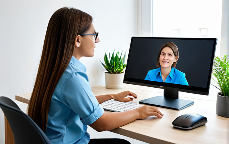 A professional female child psychologist, fully clothed in modest business casual attire, is seated at a minimalist desk in a modern, light-filled home office. She is attentively engaged in a teleconsultation, looking at a large monitor which displays an abstract, professional video call interface. The background includes subtle elements like a small plant and a bookshelf. This image emphasizes professional telepsychology, with clean lines, bright lighting, high resolution, perfect anatomy, correct proportions, natural pose, well-formed hands, proper finger count, natural body proportions, professional photography, safe for work, appropriate content, family-friendly.