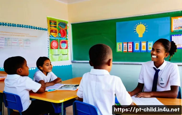 아동상담사 근무지 선택 - A vibrant public school classroom scene in Brazil, showing a diverse group of children aged 6-10 eng...