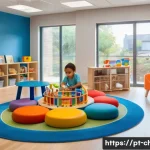 Home 17 아동상담사 업무 일지 작성법 - A warm and inviting therapy room designed for child development sessions, featuring a colorful play ...