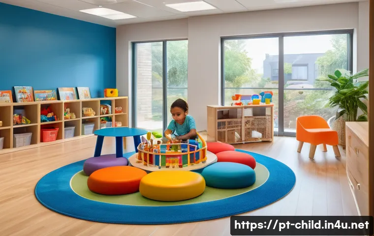 아동상담사 업무 일지 작성법 - A warm and inviting therapy room designed for child development sessions, featuring a colorful play ...